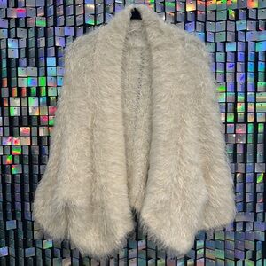Ivory Shaggy Faux Fur Open Front Cardigan • Cozy Fluffy Sweater